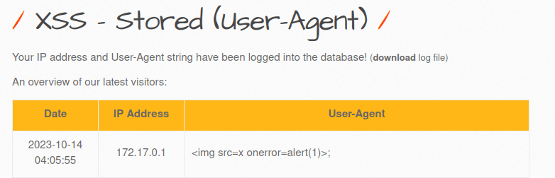 bWAPP - Cross Site Scripting Stored (User-Agent) Payload Stored