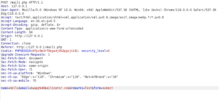 bWAPP - Mail Header Injection (SMTP) Burpsuite intercept