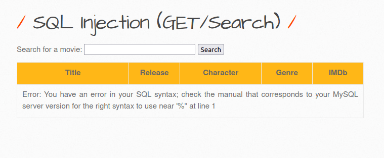 bWAPP - SQL Injection (GET/Search) SQL Error