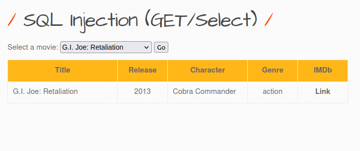bWAPP - SQL Injection (GET/Select) Number of columns confirmed