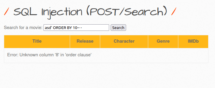bWAPP - SQL Injection (POST/Search) ORDER BY clause