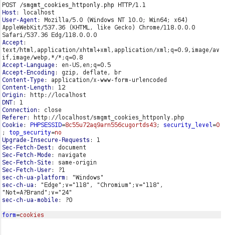 bWAPP - Session Management (Cookies-HTTP Only) Burpsuite intercept