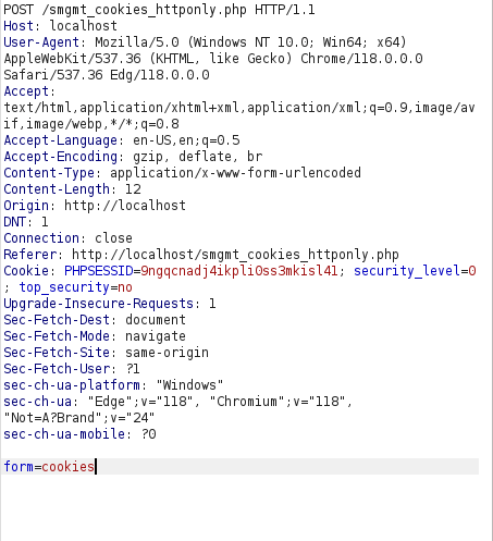 bWAPP - Session Management (Cookies-HTTP Only) Burpsuite intercept