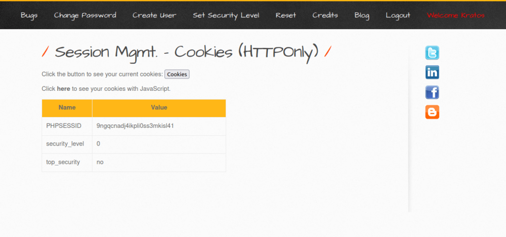 bWAPP - Session Management (Cookies-HTTP Only) Cookie values