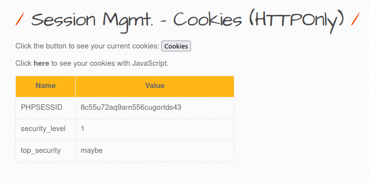 bWAPP - Session Management (Cookies-HTTP Only) Cookies values