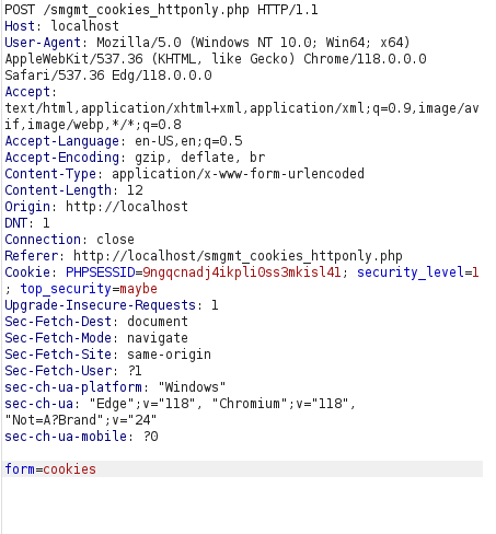 bWAPP - Session Management (Cookies-HTTP Only) Burpsuite intercept