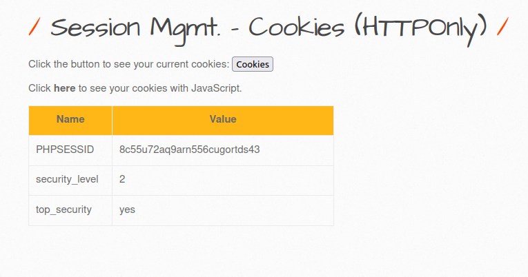 bWAPP - Session Management (Cookies-HTTP Only) Cookie values