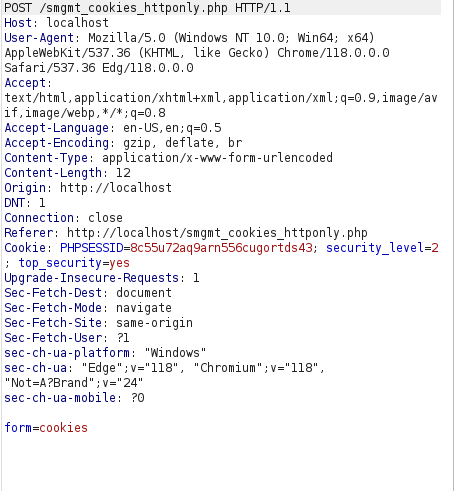 bWAPP - Session Management (Cookies-HTTP Only) Burpsuite intercept