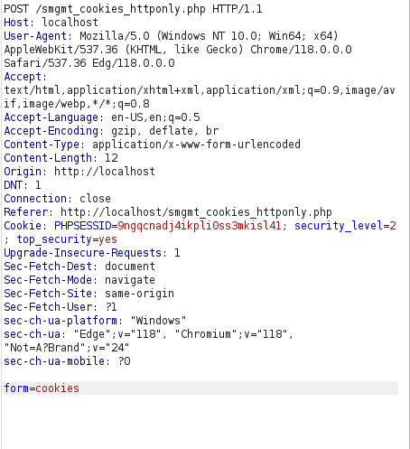 bWAPP - Session Management (Cookies-HTTP Only) Burpsuite intercept