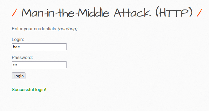 bWAPP - Man-in-the-Middle Attack (HTTP) Successful login!