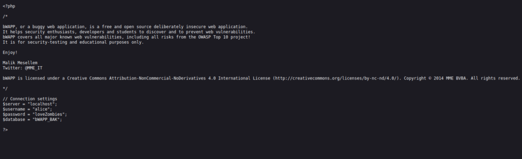 bWAPP - Old, Backup & Unreferenced files config file
