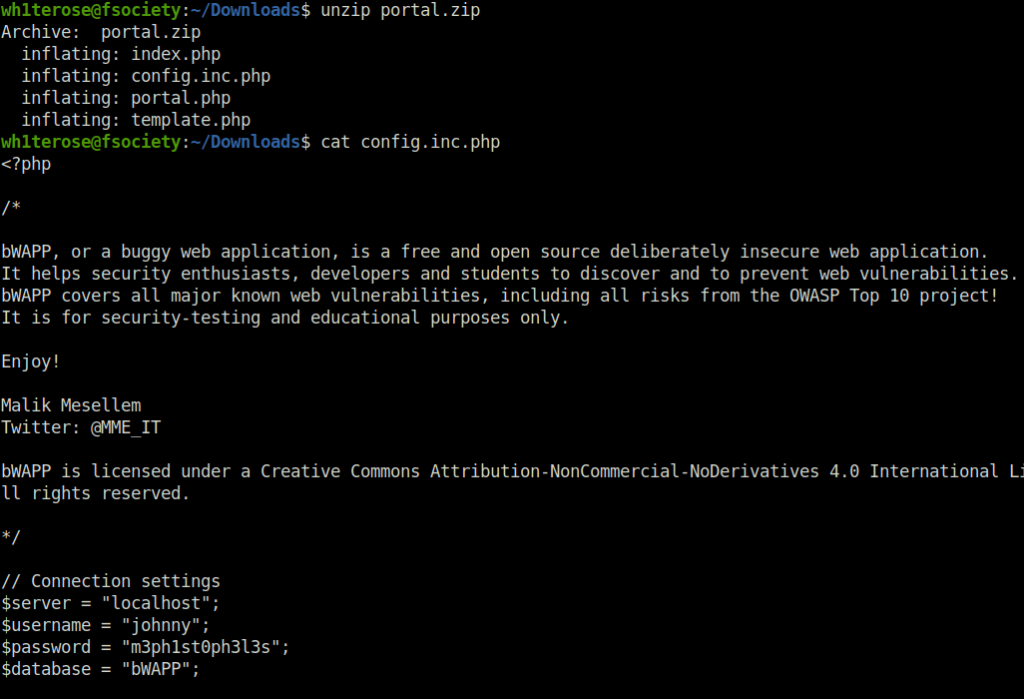bWAPP - Old, Backup & Unreferenced files cat config.inc.php