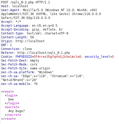 bWAPP - SQL Injection Stored (XML) Burpsuite intercept