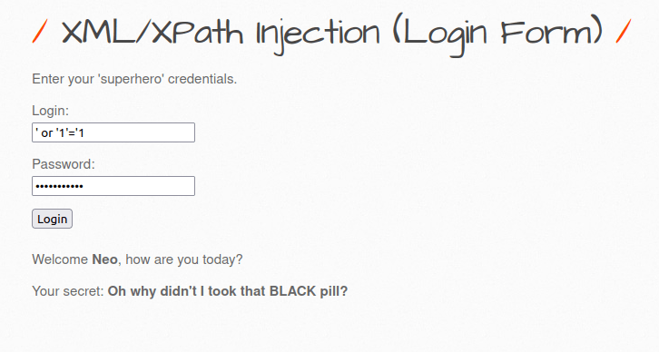 bWAPP - XML/Xpath Injection (Login Form) XML Injection confirmed