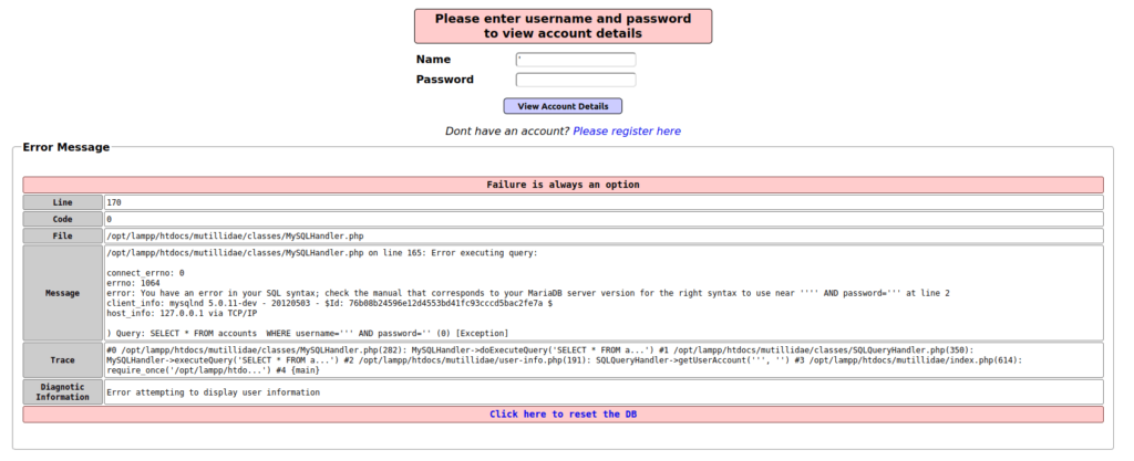 Mutillidae - SQLi: Extract Data (User Lookup) SQL Error