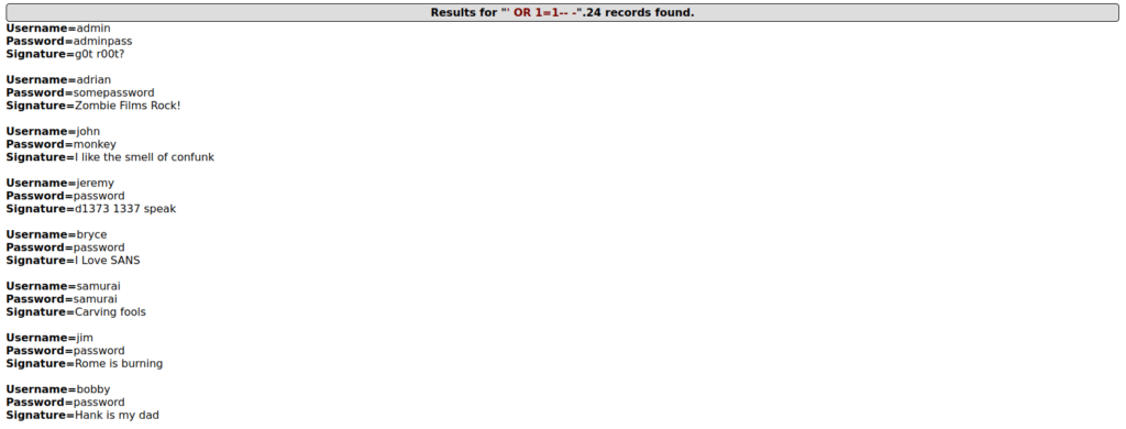 Mutillidae - SQLi: Extract Data (User Lookup) All records dumped