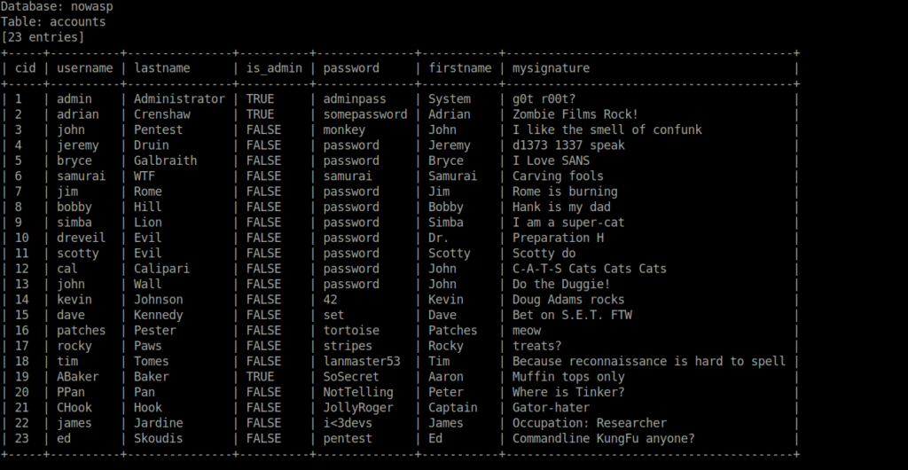 Mutillidae - SQLi: Extract Data (User Lookup) Duping all data