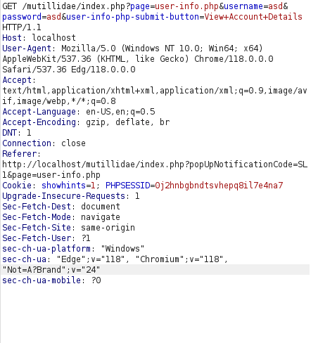 Mutillidae - SQLi: Extract Data (User Lookup) Burpsuite intercept