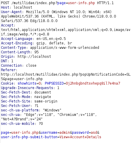 Mutillidae - SQLi: Extract Data (User Lookup) Burpsuite intercept