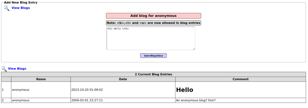 Mutillidae - Application Log Injection (Add to the blog) Testing payload