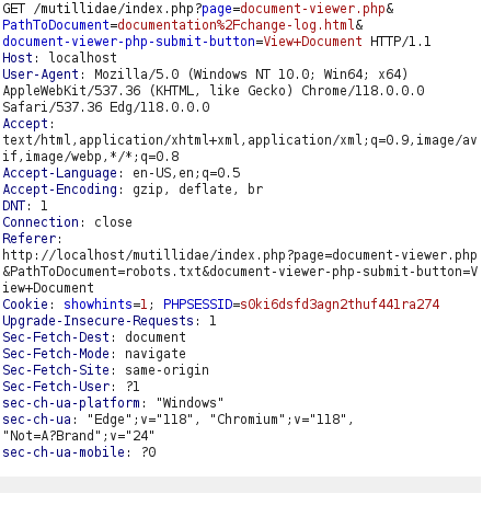 Mutillidae - Application Log Injection (Document Viewer) Burpsuite intercept