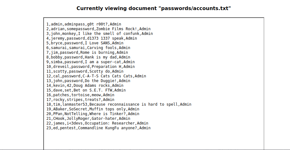 Mutillidae - Application Log Injection (Document Viewer) passwords/accounts.txt