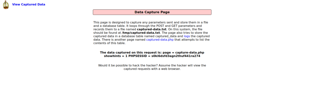 Mutillidae - Application Log Injection (Captured Data) Data Capture Page