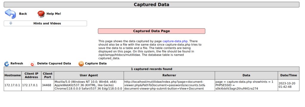 Mutillidae - Application Log Injection (Captured Data) User data captured