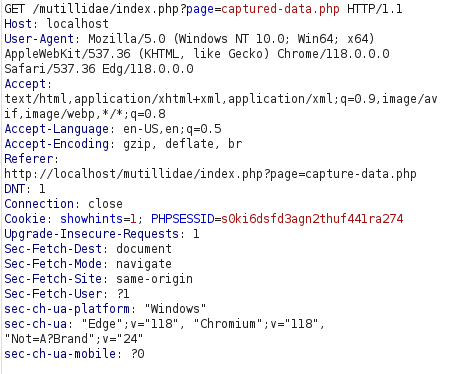 Mutillidae - Application Log Injection (Captured Data) Burpsuite intercept
