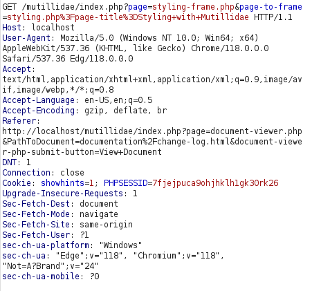 Mutillidae - Frame Source Injection (Styling with Mutillidae) Burpsuite intercept