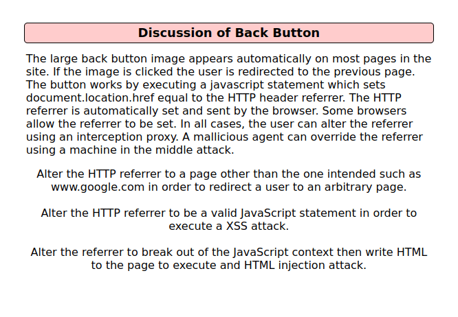 Mutillidae - HTML Injection (Back Button) Discussion of Back Button