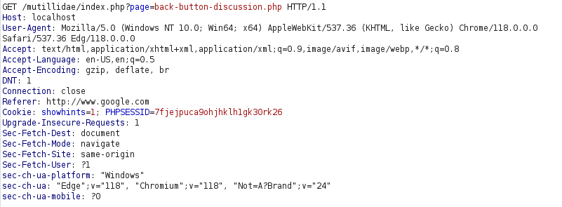 Mutillidae - HTML Injection (Back Button) Burpsuite intercept