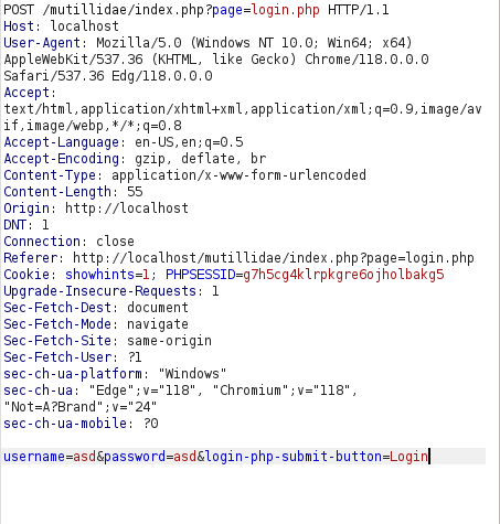 Mutillidae - SQLi: Bypass Authentication (Login) Burpsuite intercept