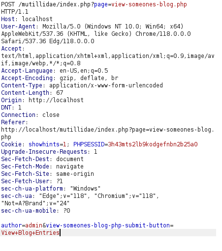Mutillidae - Sqlmap Practice (View Blogs) Burpsuite intercept