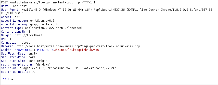 Mutillidae - SQLi via JSON (Pentest Tool lookup AJAX) Burpsuite Intercept