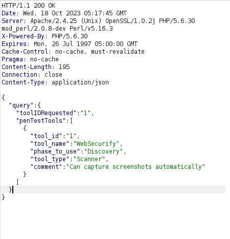 Mutillidae - SQLi via JSON (Pentest Tool lookup AJAX) Burpsuite Response